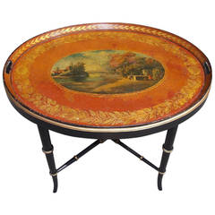 English Tole Landscape Oval Tray on Stand, Circa 1810