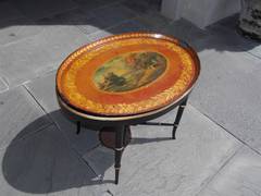 English Tole Landscape Oval Tray on Stand, Circa 1810