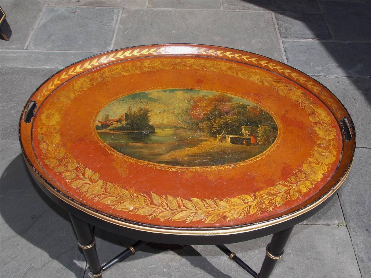 English Tole Landscape Oval Tray on Stand, Circa 1810 In Excellent Condition In Hollywood, SC