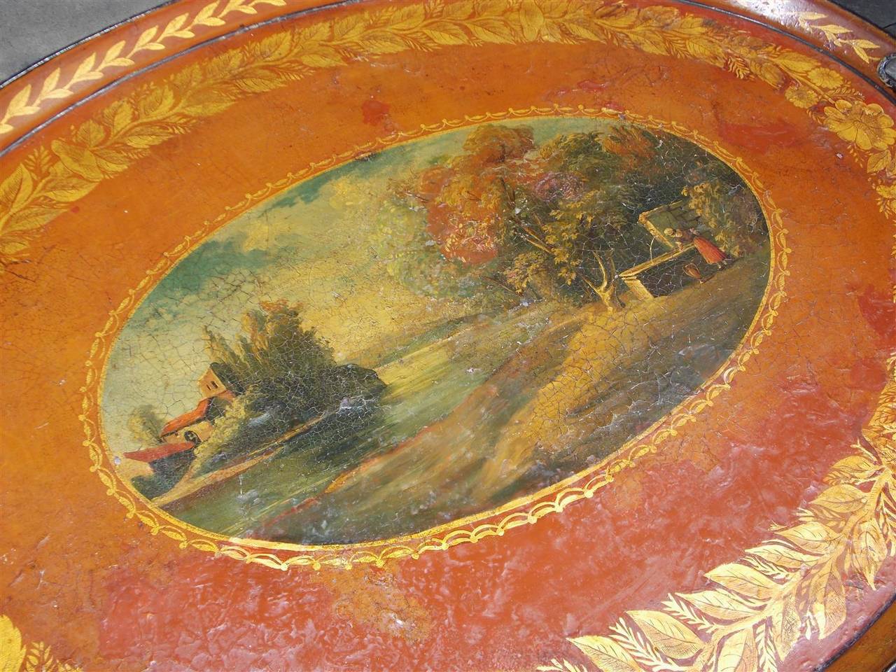 Early 19th Century English Tole Landscape Oval Tray on Stand, Circa 1810