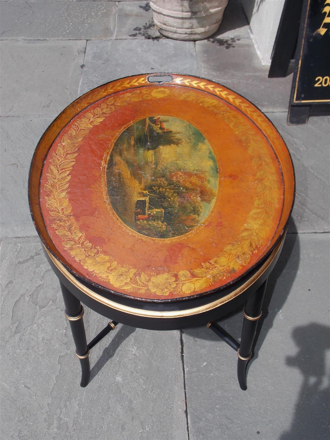 English Tole Landscape Oval Tray on Stand, Circa 1810 1