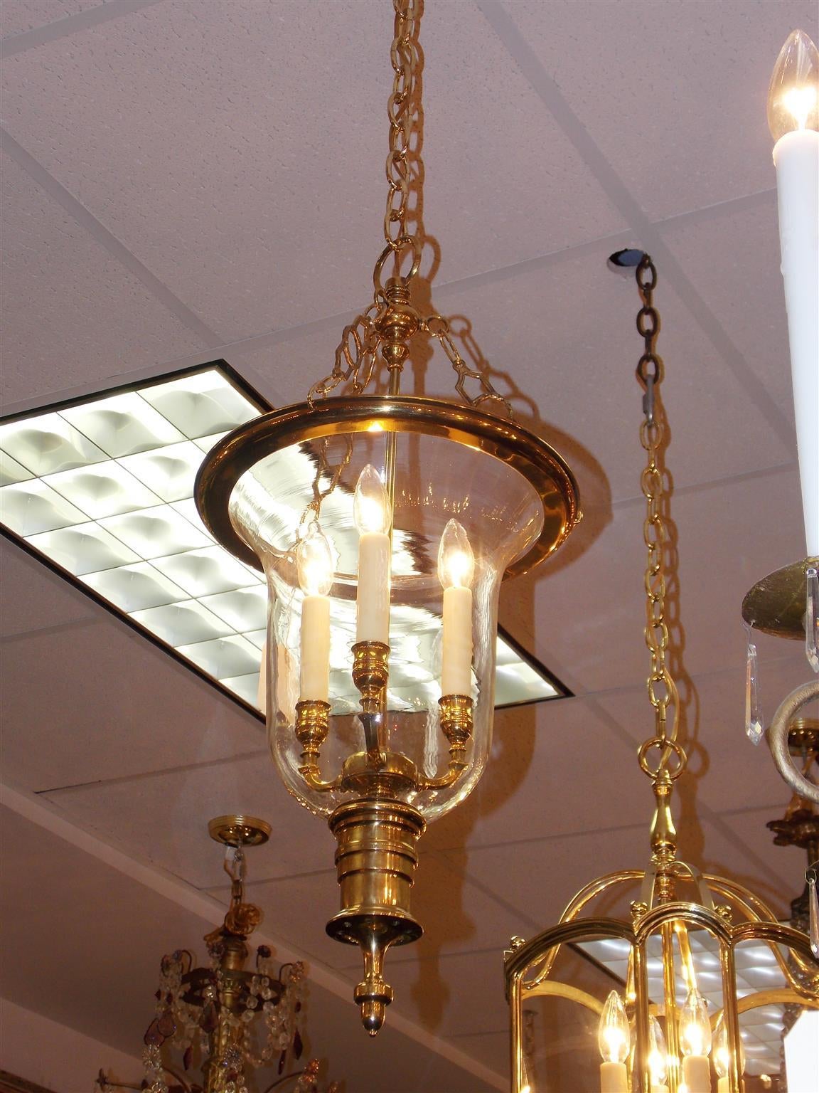 English Brass Hanging Glass Dome Lantern, Stamped England, Circa 1850