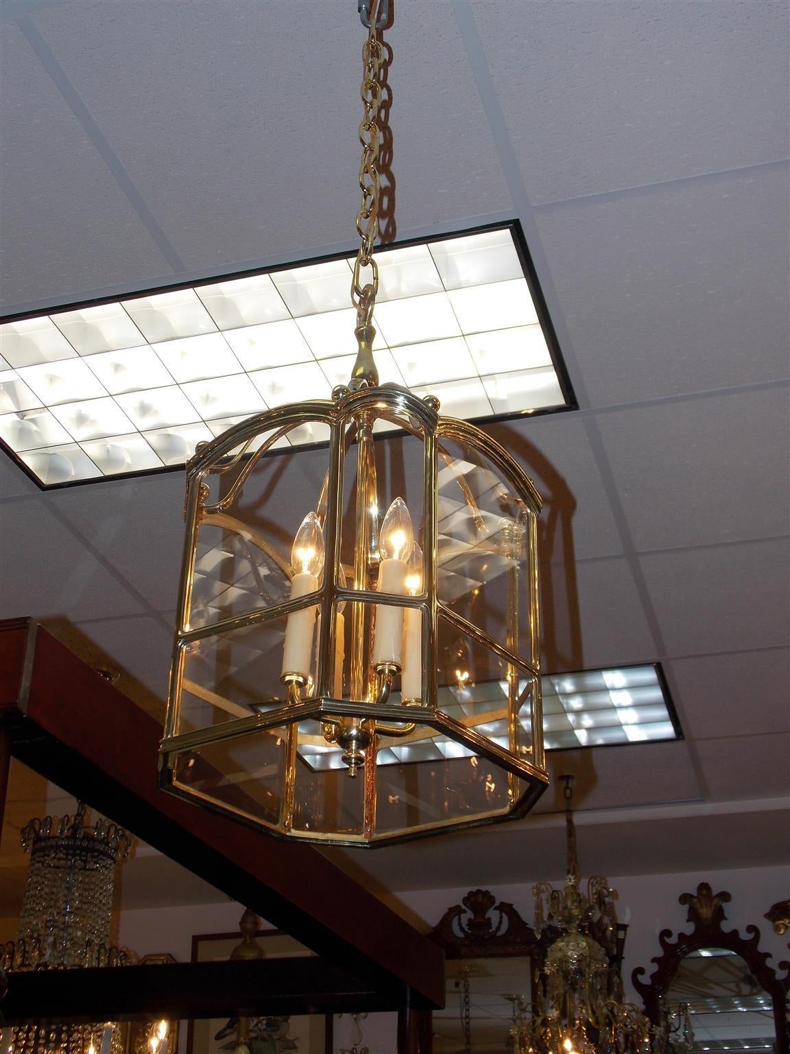 American Empire American Brass Octagonal Hanging Glass Lantern, Circa 1850