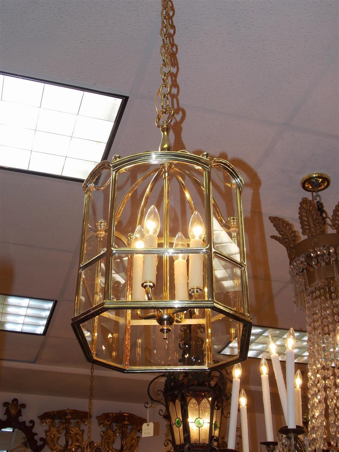 American Brass Octagonal Hanging Glass Lantern, Circa 1850 In Excellent Condition In Hollywood, SC
