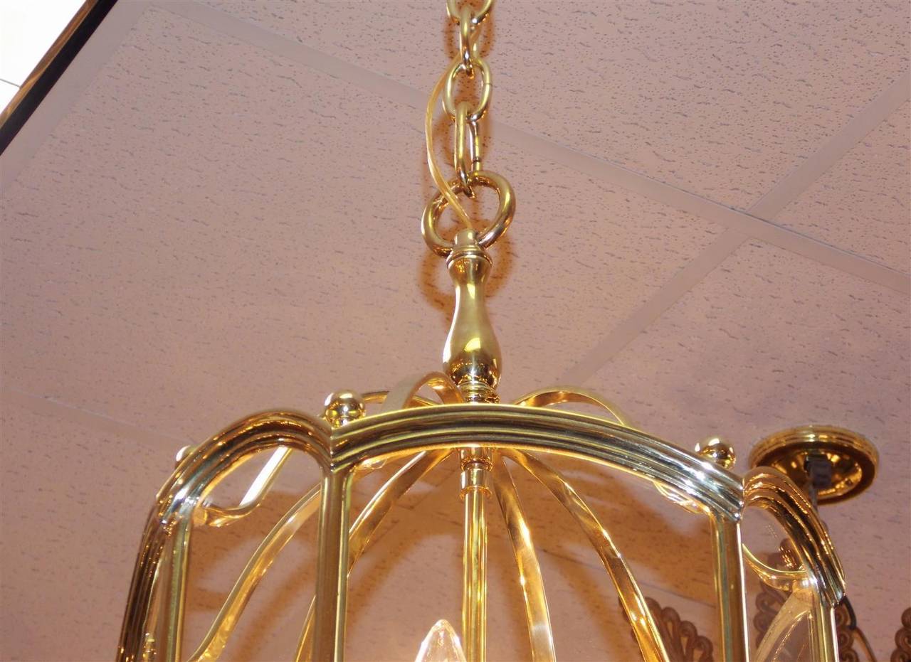 Mid-19th Century American Brass Octagonal Hanging Glass Lantern, Circa 1850
