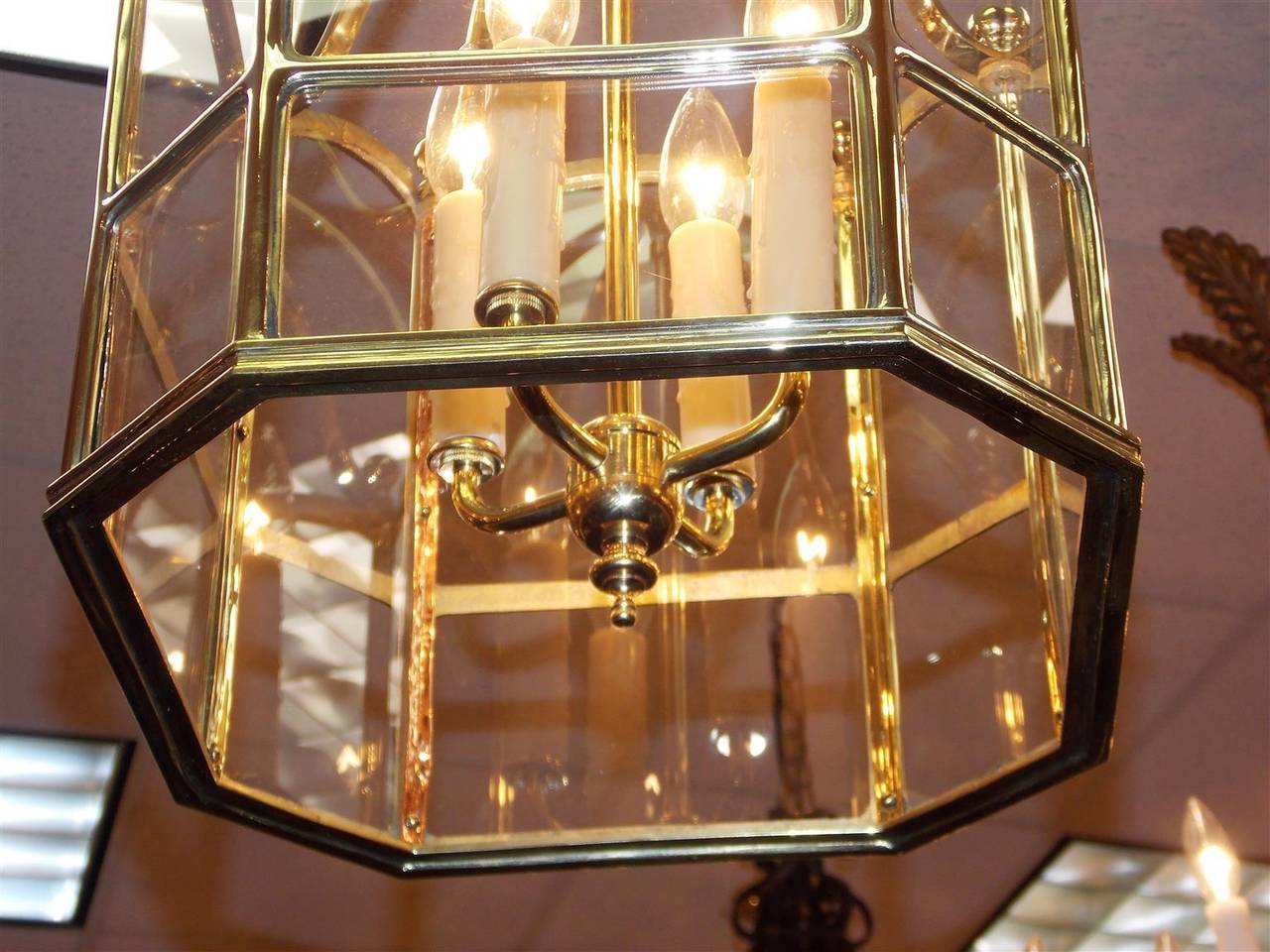 American Brass Octagonal Hanging Glass Lantern, Circa 1850 1