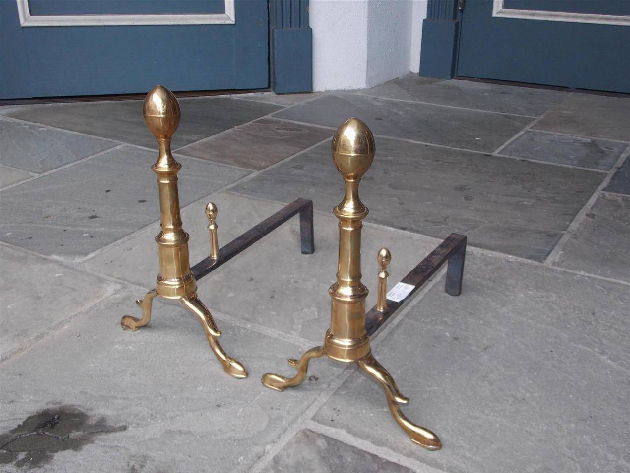 Pair of American Brass Lemon Top Andirons, Boston, Circa 1770 In Excellent Condition For Sale In Hollywood, SC