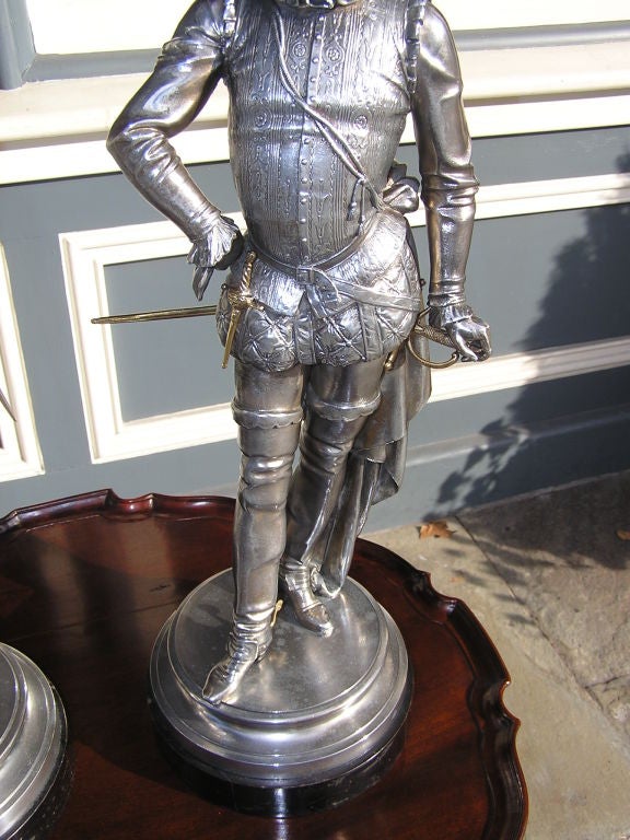 Pair of English Spelterware Cavaliers Mounted on Ebonized Circular Bases. C.1900 2