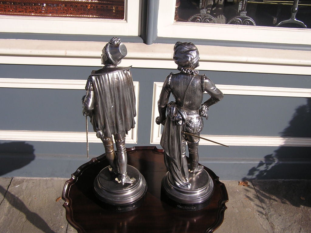 Pair of English Spelterware Cavaliers Mounted on Ebonized Circular Bases. C.1900 3