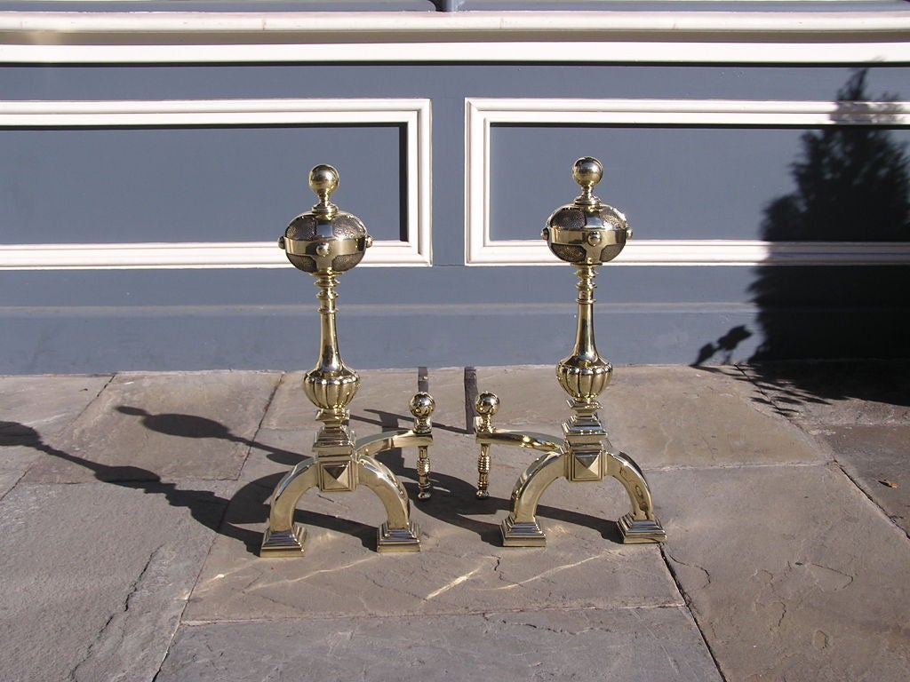 Pair of Italian Brass Ball Top Andirons In Excellent Condition For Sale In Hollywood, SC