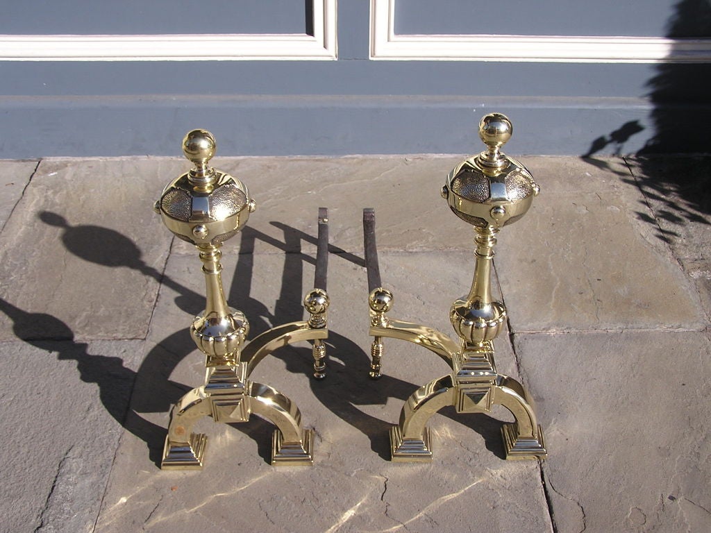 19th Century Pair of Italian Brass Ball Top Andirons For Sale