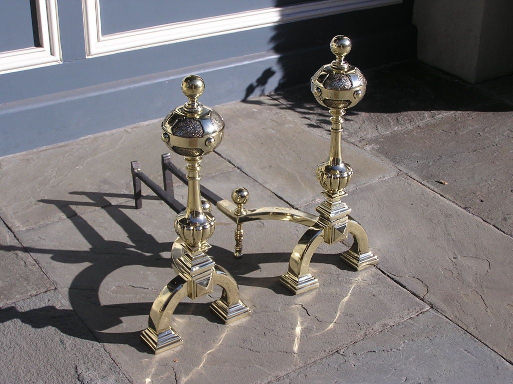 Pair of Italian Brass Ball Top Andirons For Sale 1