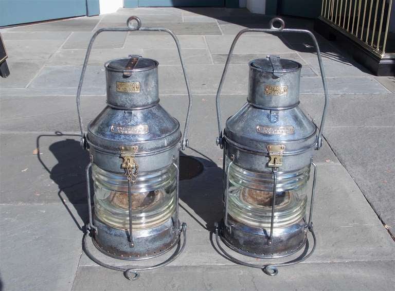 British Pair of English Polished Steel Ship Lanterns.  Early 20th Century