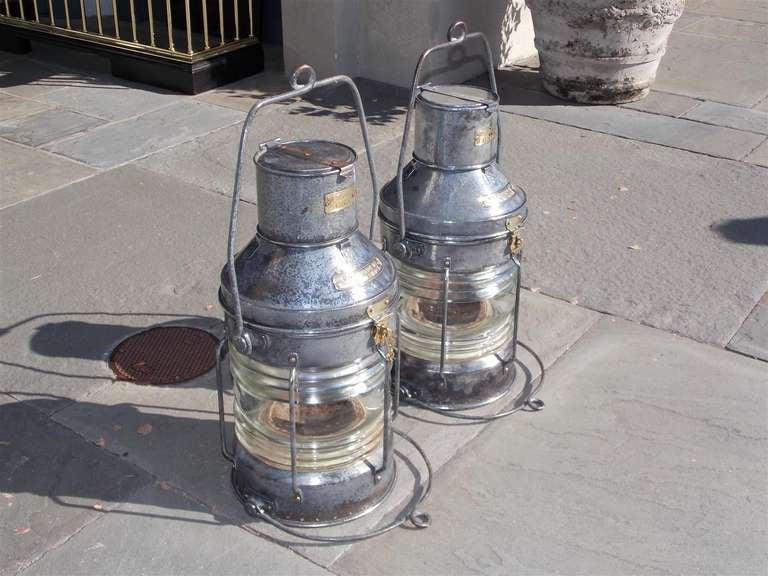 Pair of English Polished Steel Ship Lanterns.  Early 20th Century In Excellent Condition In Hollywood, SC