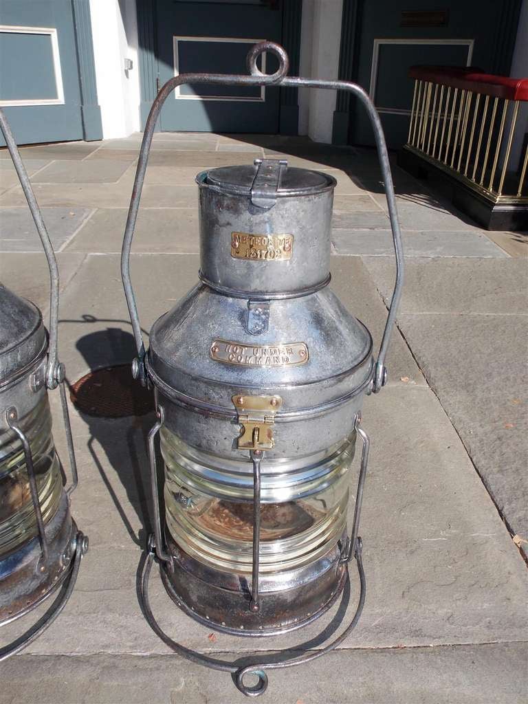 Pair of English Polished Steel Ship Lanterns.  Early 20th Century 4