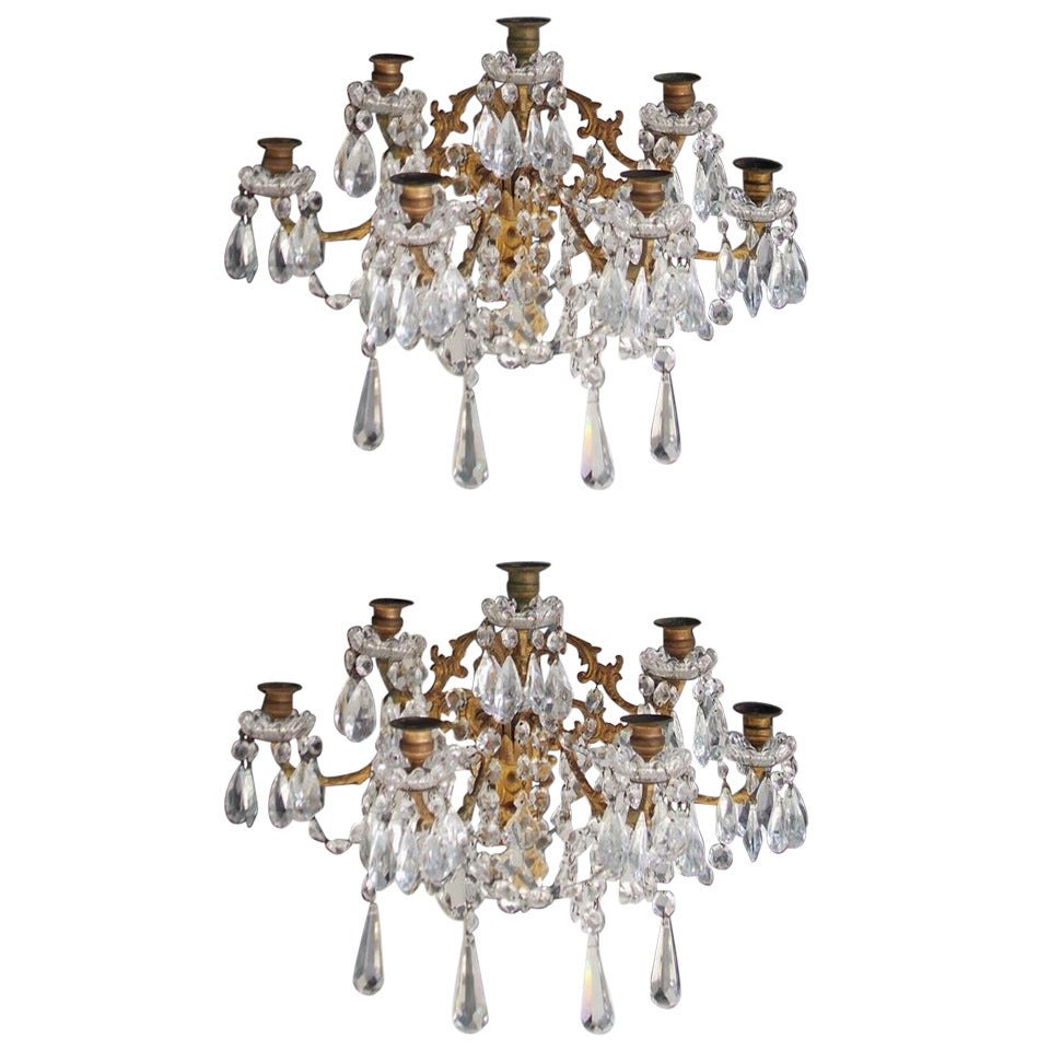Pair of French Gilt Bronze and Crystal Sconces.  Circa 1830