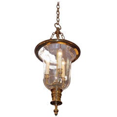 English Brass Hanging Glass Dome Lantern, Stamped England, Circa 1850