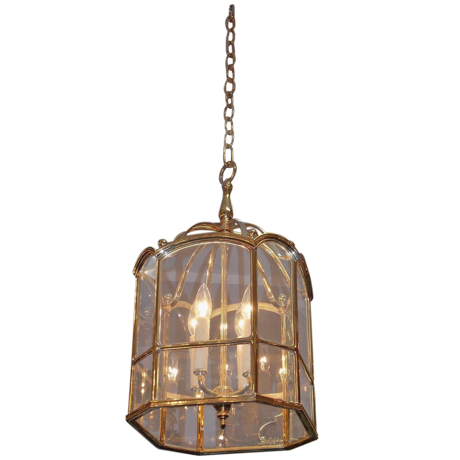 American Brass Octagonal Hanging Glass Lantern, Circa 1850
