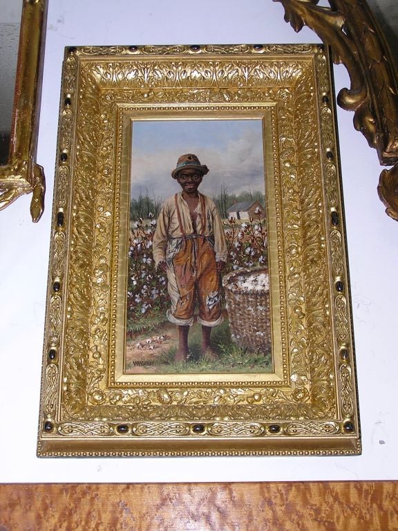 Oil on academy board of standing cotton picker in field with collecting basket and distant cabin in background. Painting has the original floral gilt frame and is signed  W.A. Walker.  Dealers please call for trade price. 