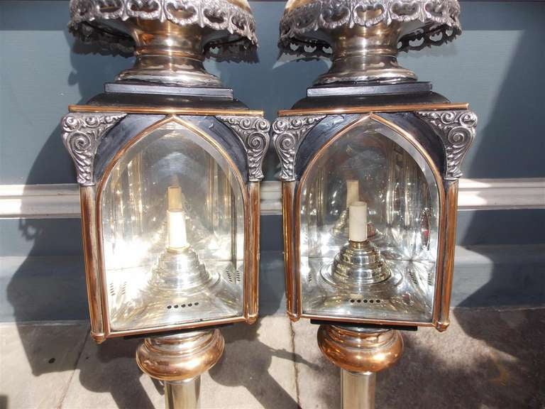 Cast Pair of American Nickel Silver & Brass Coach Lanterns, Rochester, NY.  C. 1830