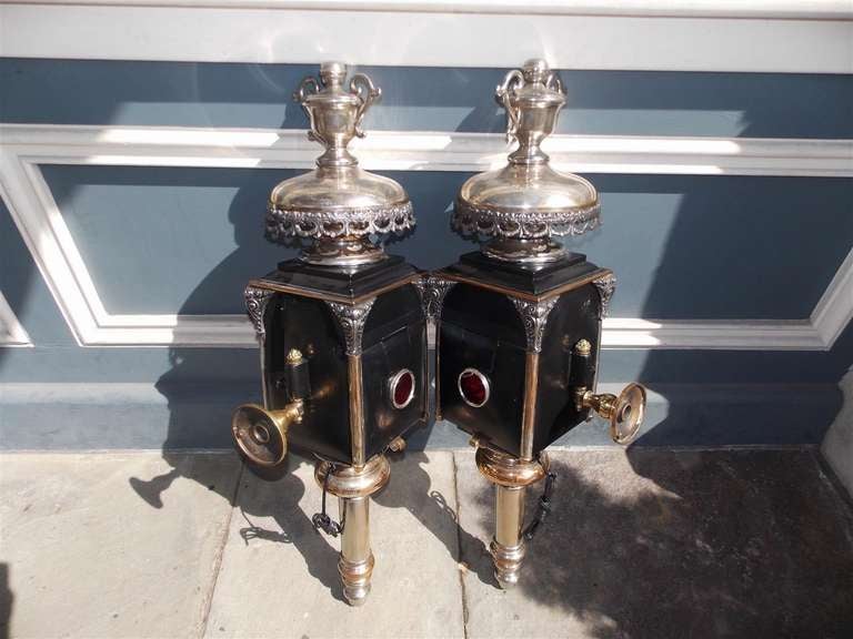 Mid-19th Century Pair of American Nickel Silver & Brass Coach Lanterns, Rochester, NY.  C. 1830