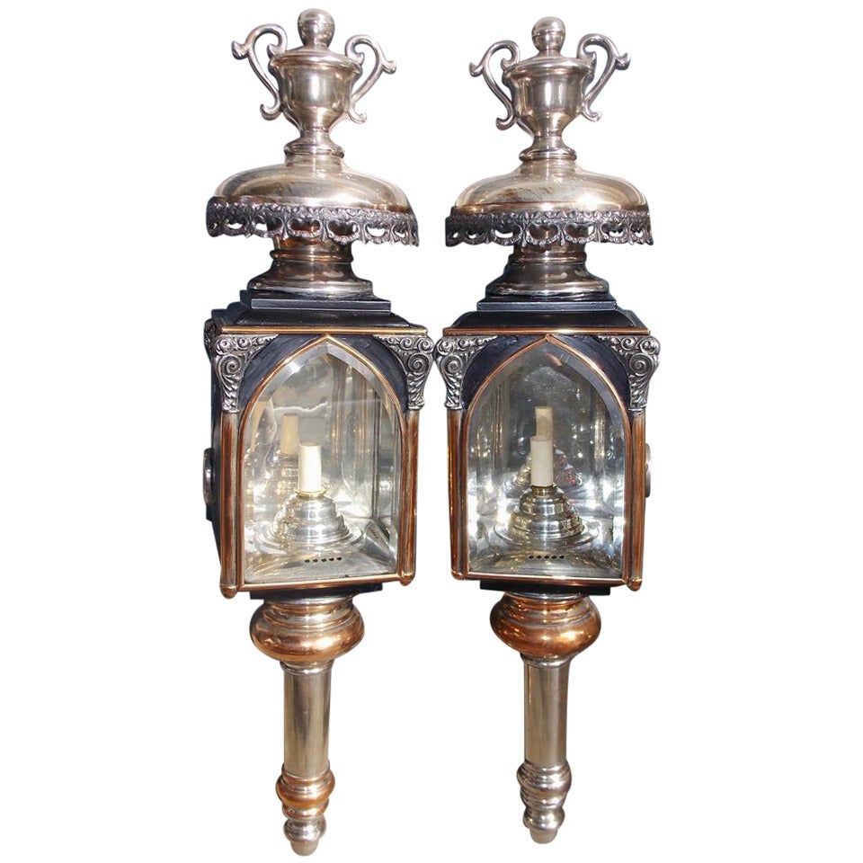 Pair of American Nickel Silver & Brass Coach Lanterns, Rochester, NY.  C. 1830
