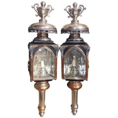 Antique Pair of American Nickel Silver & Brass Coach Lanterns, Rochester, NY.  C. 1830