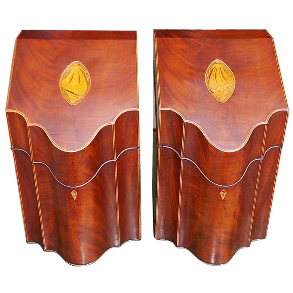 Pair of English Mahogany Serpentine Inlaid Cutlery Boxes. Circa 1790