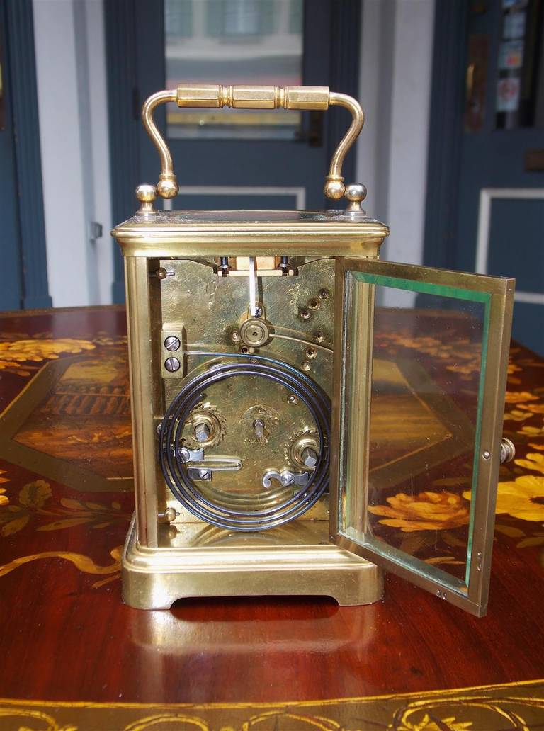 American Brass Miniature Carriage Clock with Beveled Glass, New York.  C. 1850 In Excellent Condition For Sale In Hollywood, SC
