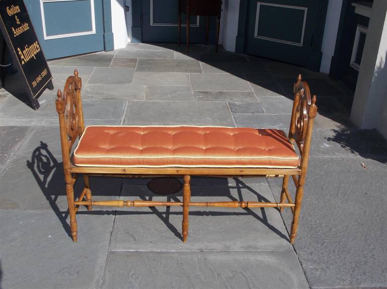 French Cherry lyre back window bench with original rush seat, tufted cushion, and turned bulbous legs with cross stretchers. Early 19th Century