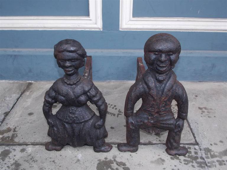 American Colonial Pair of American Cast Iron Figural Andirons. Circa 1840 For Sale