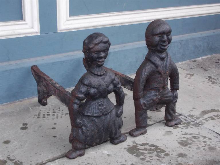 Pair of American Cast Iron Figural Andirons. Circa 1840 In Excellent Condition For Sale In Charleston, SC