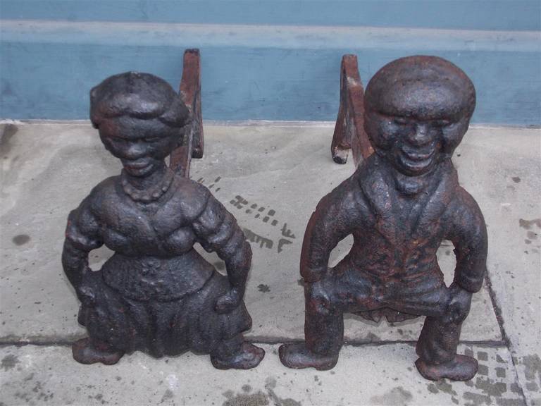 19th Century Pair of American Cast Iron Figural Andirons. Circa 1840 For Sale