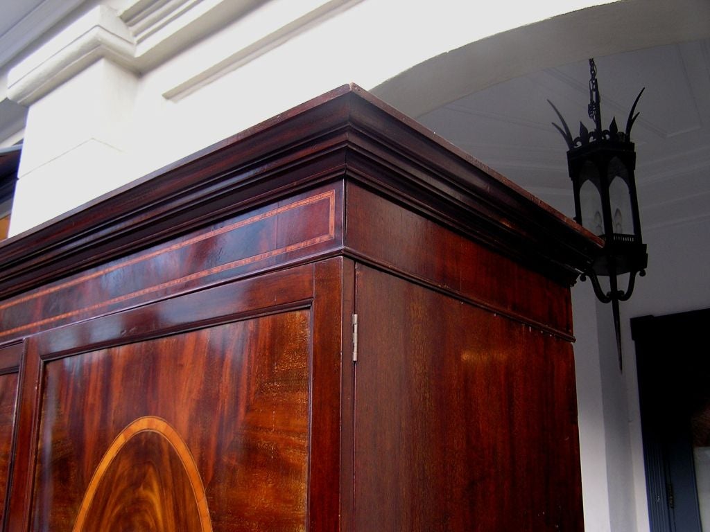 Brass English Hepplewhite Mahogany and Satinwood Inlaid Linen Press, Circa 1780