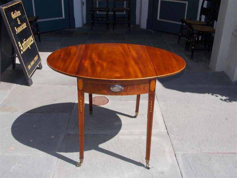 Hand-Carved American Mahogany Satinwood Inlaid Pembroke Table. Rhode Island.  Circa 1790 For Sale