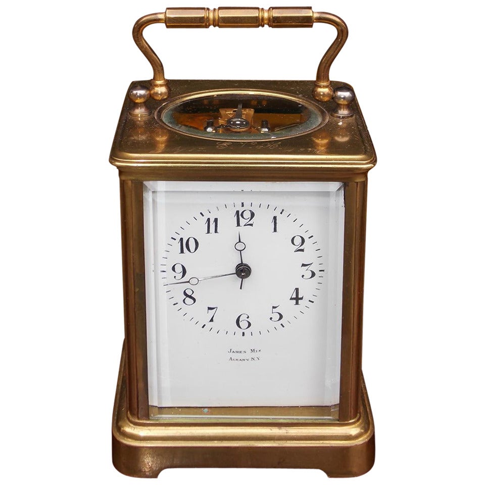 American Brass Miniature Carriage Clock with Beveled Glass, New York.  C. 1850