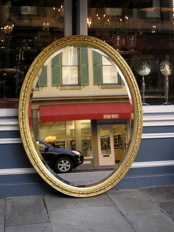 Louis Philippe French Oval Gilt Wood & Gesso Foliage Wall Mirror with Orig. Glass, Circa 1820 For Sale