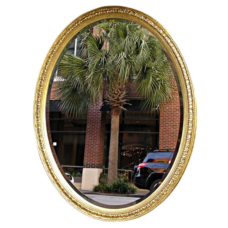 French Oval Gilt Wood & Gesso Foliage Wall Mirror with Orig. Glass, Circa 1820 For Sale