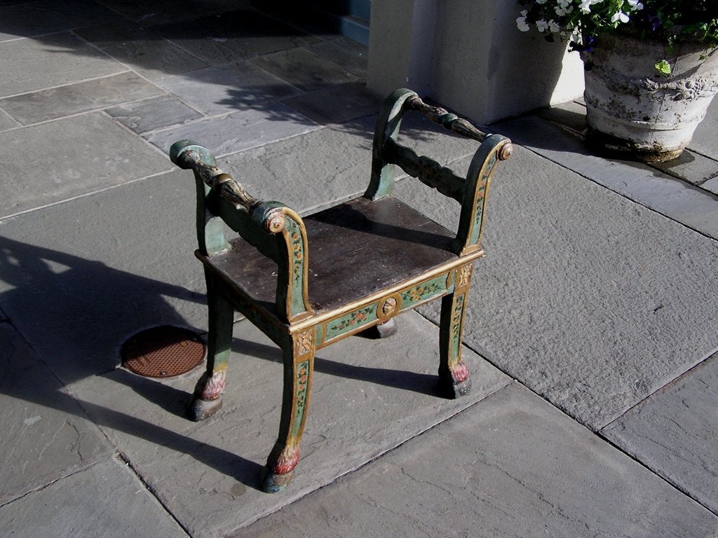 Neoclassical Italian Carved Painted Window Bench with Saber Legs. 18th Century
