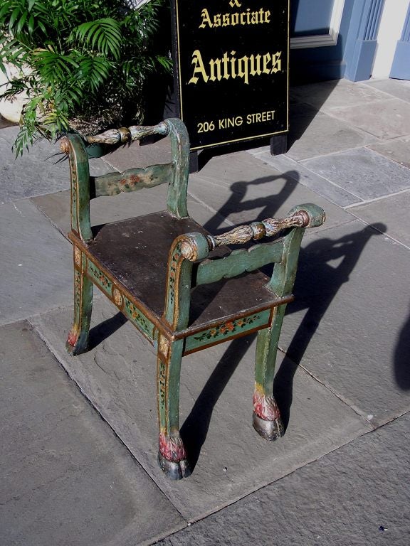 Hand-Carved Italian Carved Painted Window Bench with Saber Legs. 18th Century