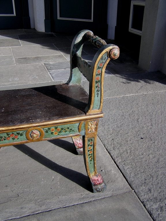 18th Century and Earlier Italian Carved Painted Window Bench with Saber Legs. 18th Century