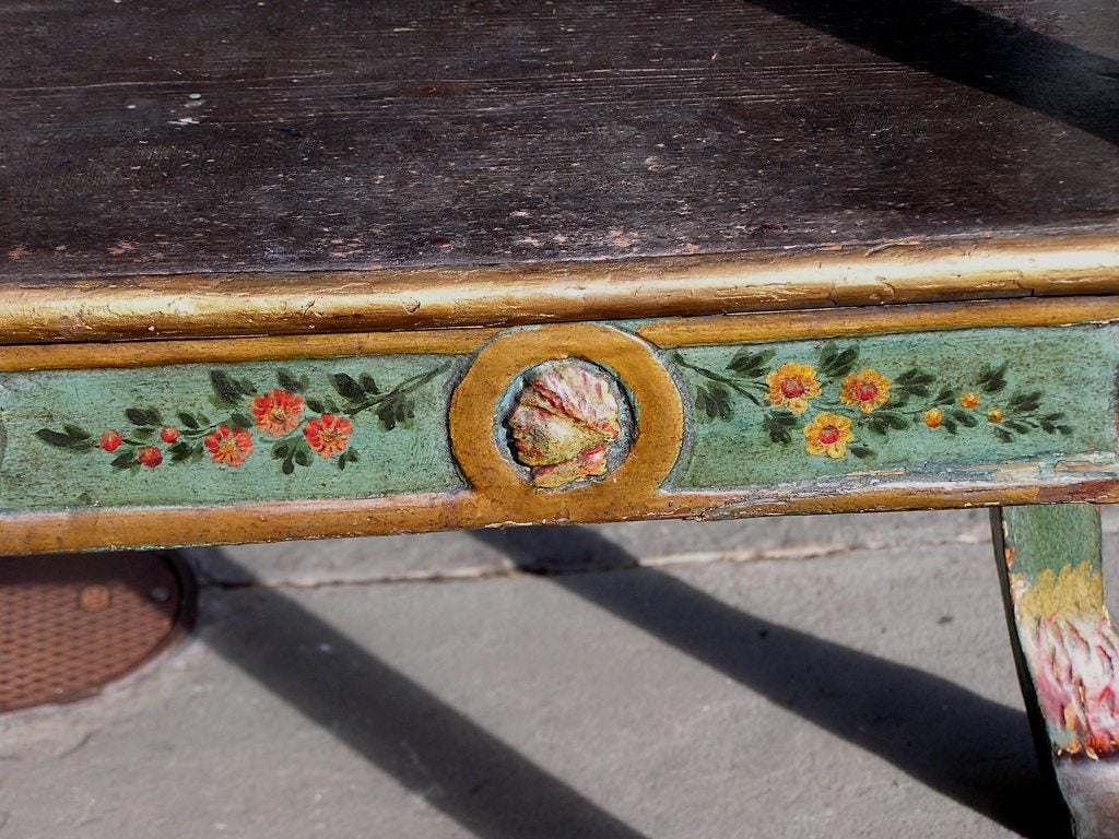 Wood Italian Carved Painted Window Bench with Saber Legs. 18th Century