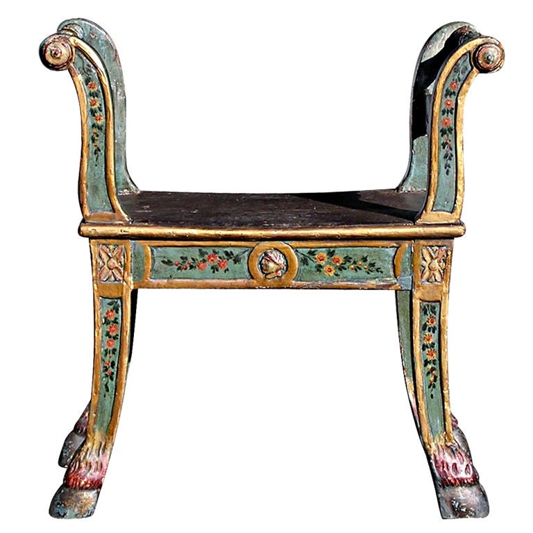 Italian Carved Painted Window Bench with Saber Legs. 18th Century