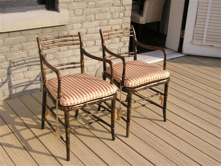 British Pair of English Regency Painted Faux Bamboo Arm Chairs. Circa 1790