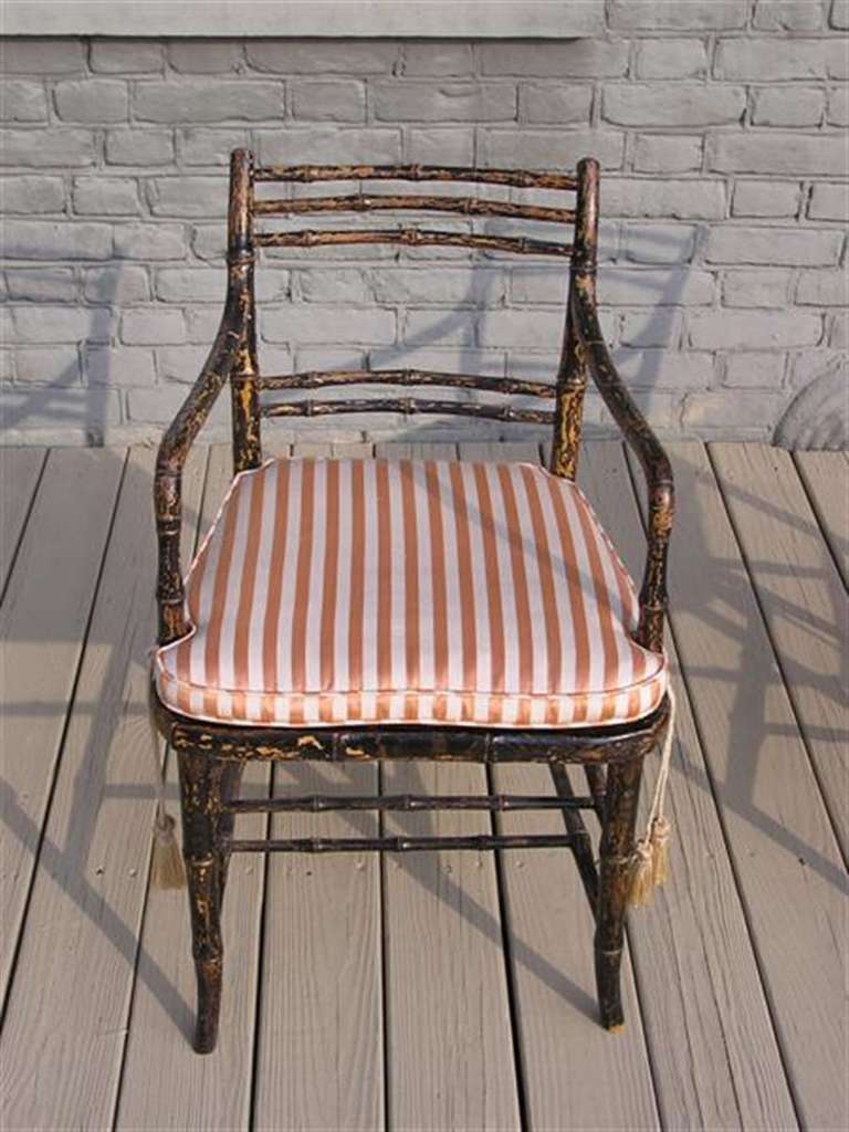 18th Century and Earlier Pair of English Regency Painted Faux Bamboo Arm Chairs. Circa 1790