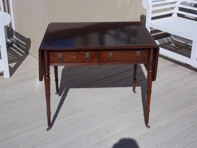 Hand-Carved English Regency Mahogany Inlaid Library / Sofa Table on Brass Caster, C. 1790 For Sale