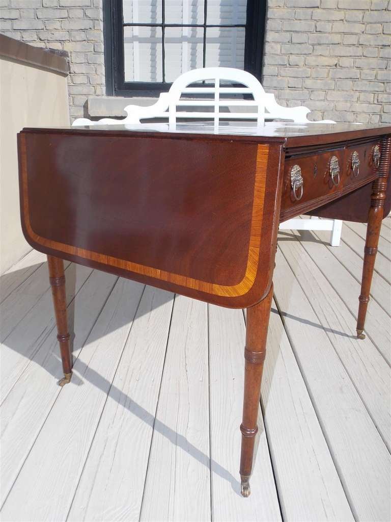 English Regency Mahogany Inlaid Library / Sofa Table on Brass Caster, C. 1790 In Excellent Condition For Sale In Charleston, SC
