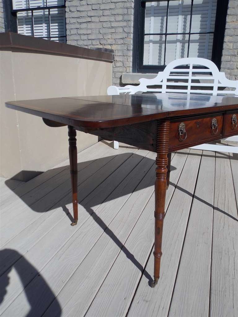 English Regency Mahogany Inlaid Library / Sofa Table on Brass Caster, C. 1790 For Sale 4