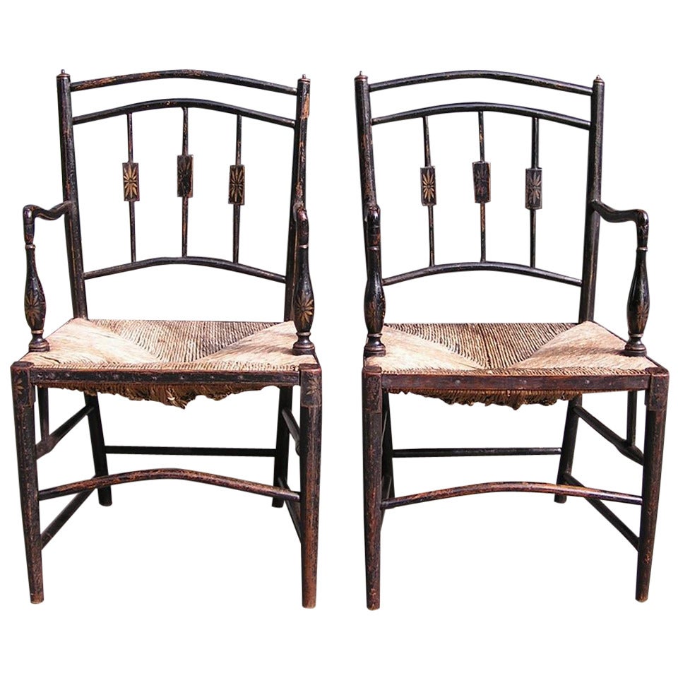 Pair of English Regency Painted and Stenciled Arm Chairs. C.1790