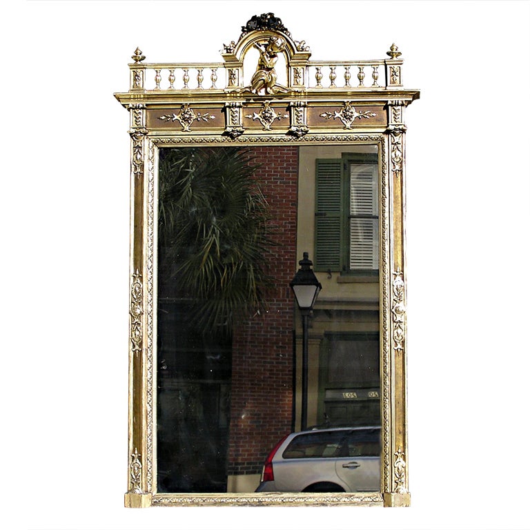 French Silver Gilt and Gesso Cherub Gallery Foliage Wall Mirror, Circa 1790 For Sale
